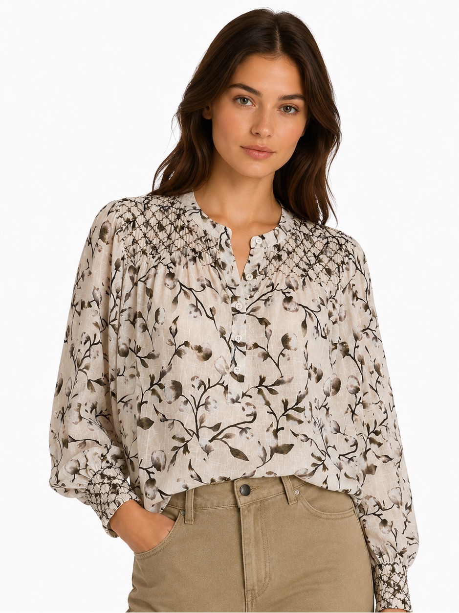 Indi & Cold Floral Hand Smocked Sustainable Cotton Blouse Small Boho Relaxed Fit
